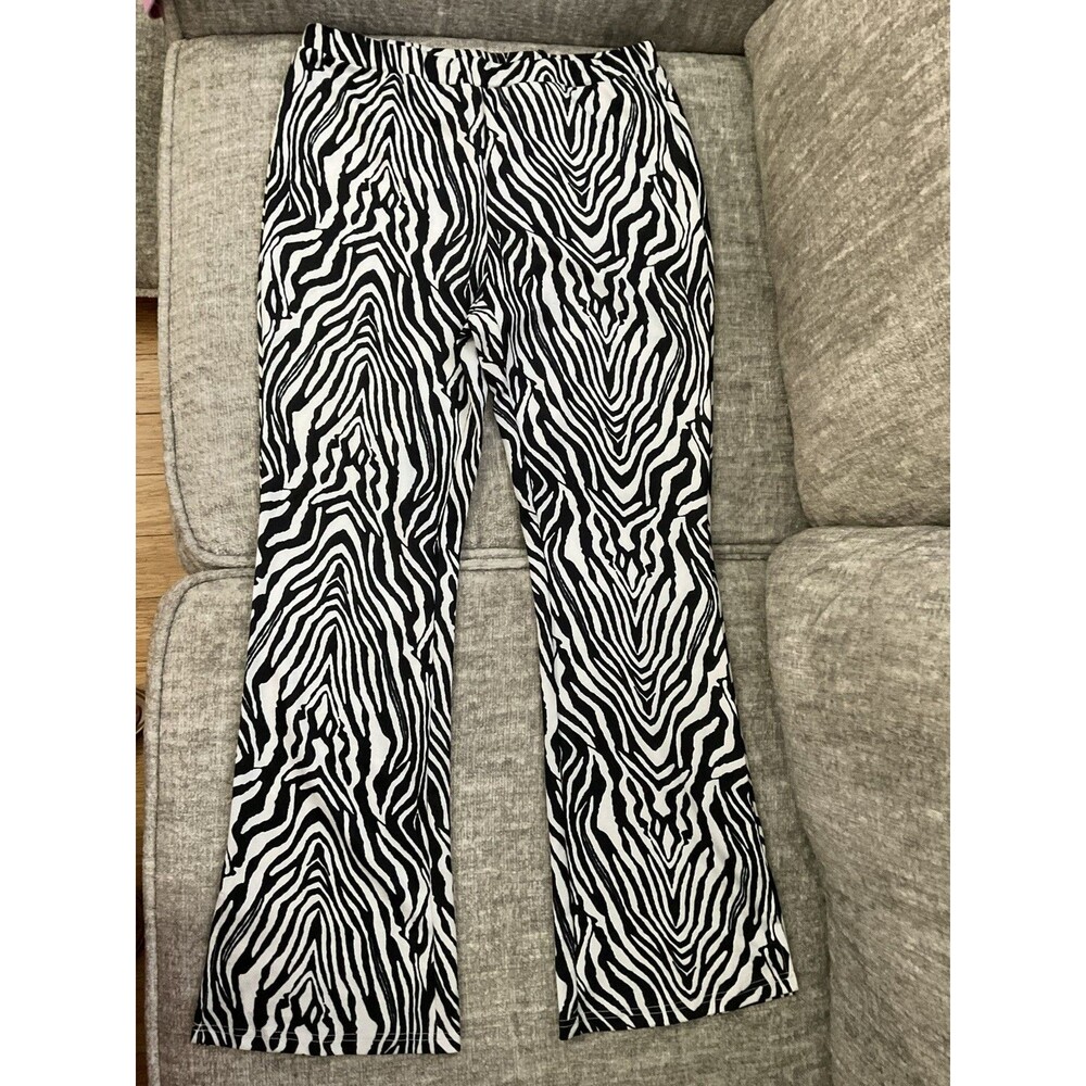 Shein Brown White Zebra Lounge Pants Elastic Waist Split Hem Y2K Sz Lg